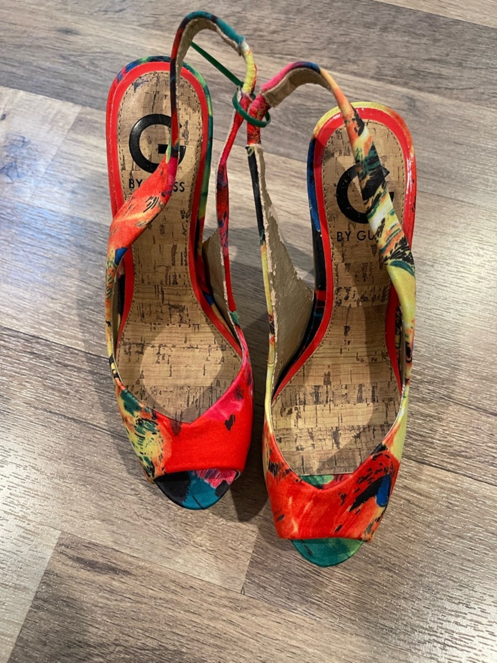 G by Guess Red Multicolor Floral Peep-Toe Slingback Heels - Picture 2 of 6